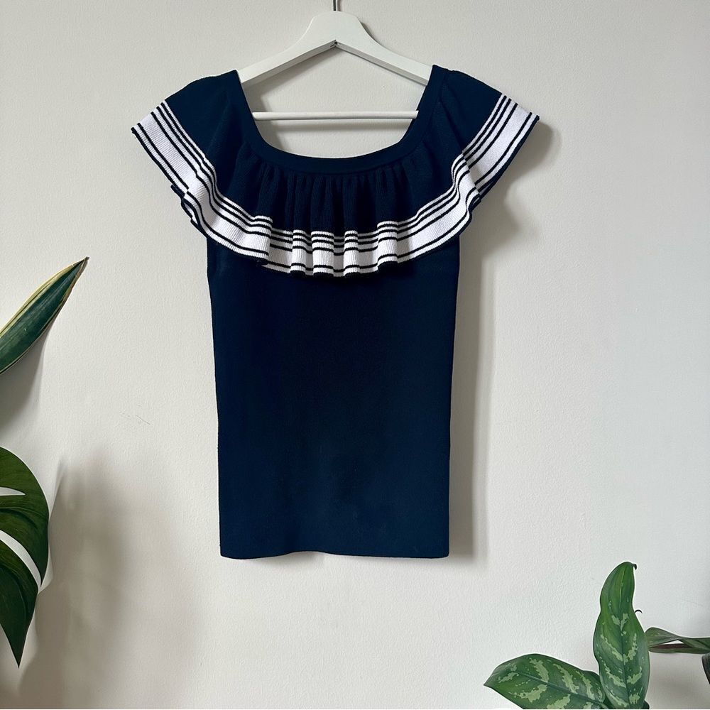 Autumn Cashmere Off Shoulder Ruffle Top Navy Stripe Knit Fitted Size S